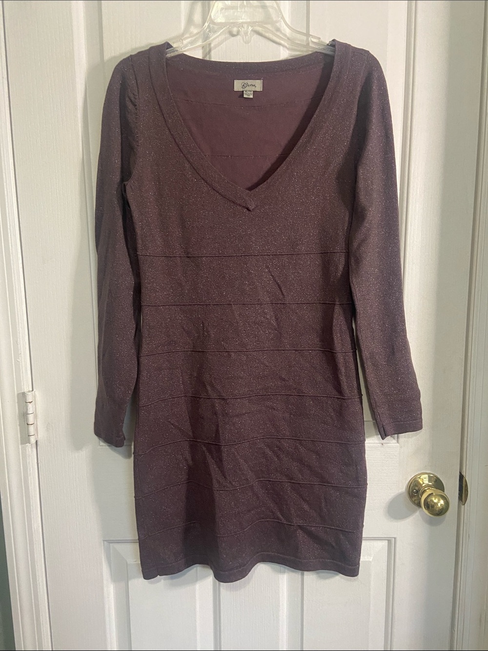 Guess Plum Shimmer V-Neck Long Sleeve Dress